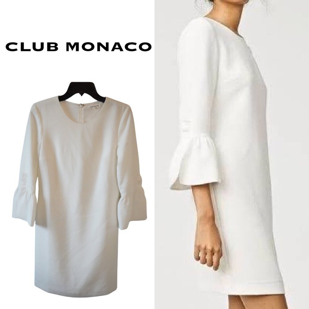 Club Monaco, Ruffle Bell ¾ Sleeve Shift Dress, White Size 2